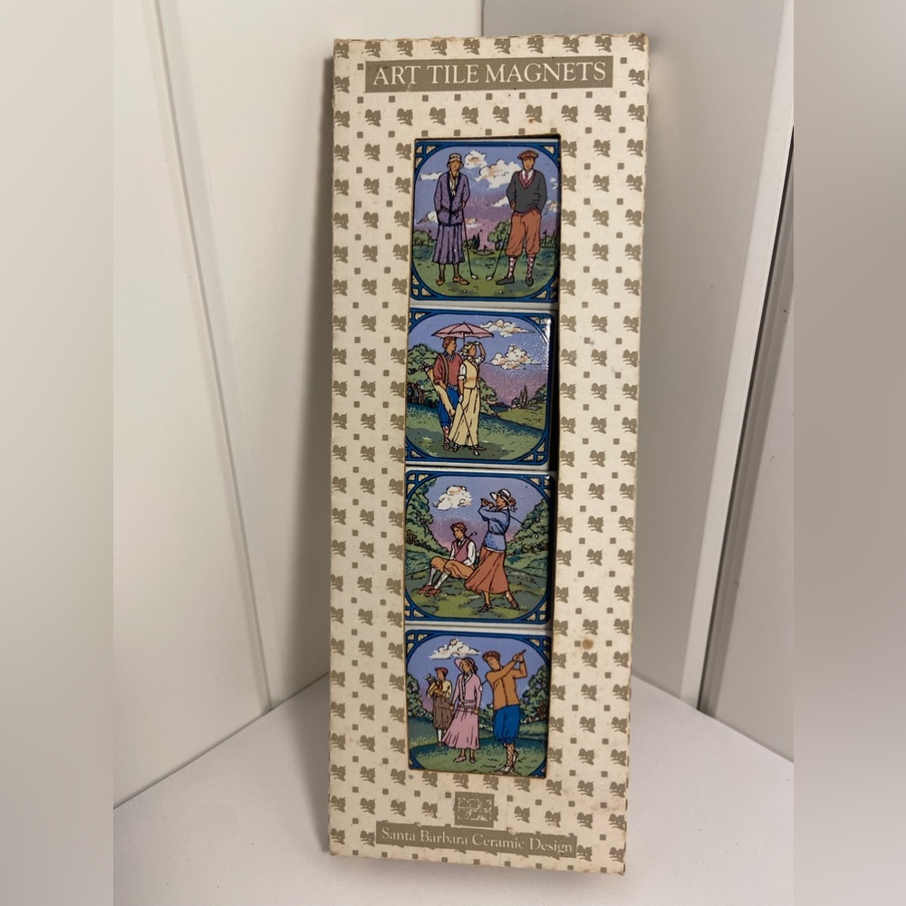 Vintage Santa Barbara Ceramic Design GOLF COUPLE Art Tile Magnets SBCD 90s SET 4